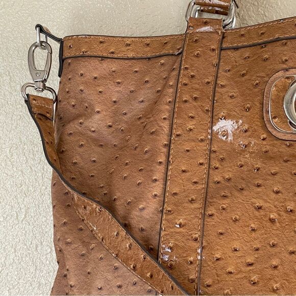 Vintage Y2K Guess Ostrich Pebbled Faux Leather Handbag Purse Tan - Picture 3 of 15